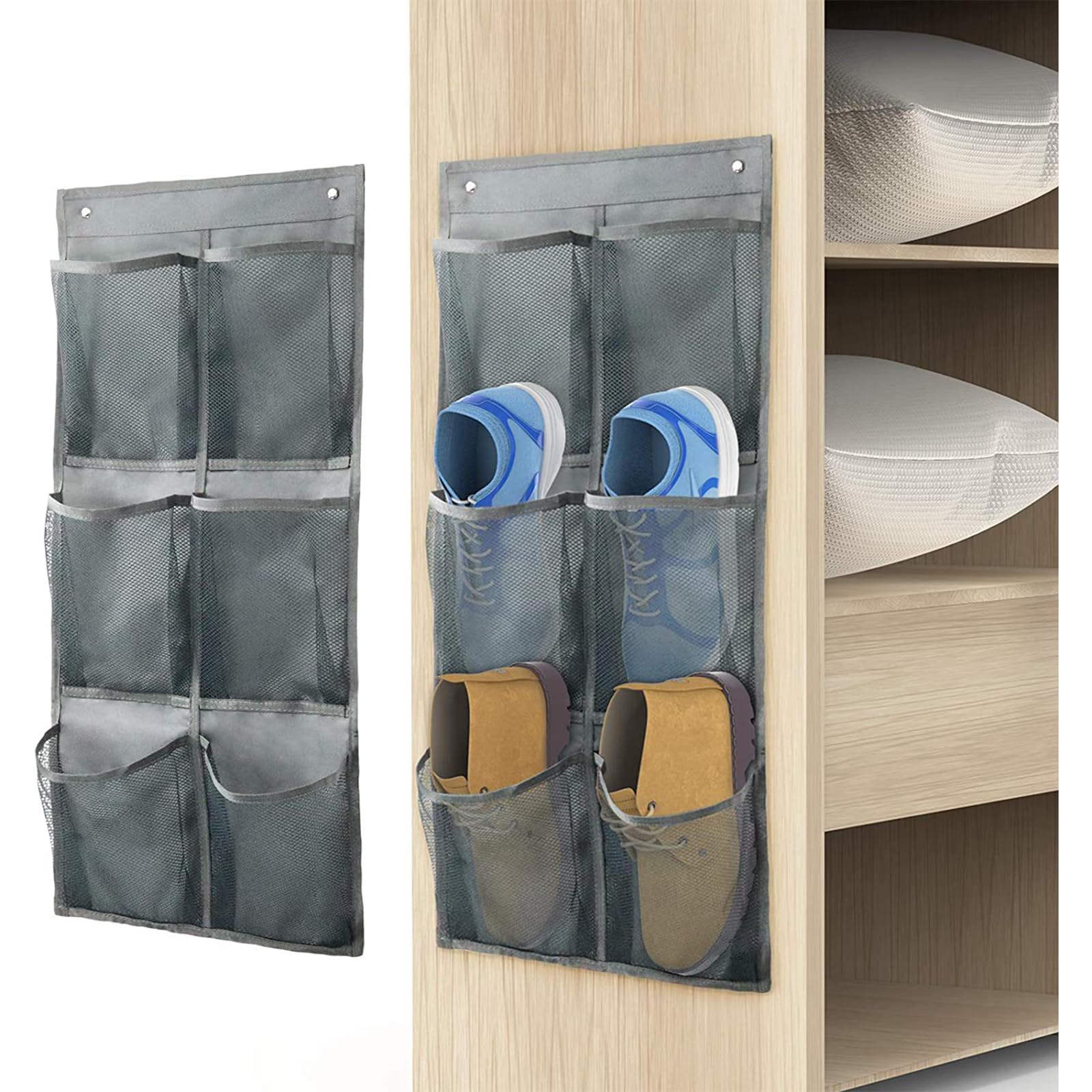 QUMENEY 2pcs Storage Organizer with Hook Hang Foldable Hanging Storage Organizer Large Fabric Deep Pockets Shoe Rack for Closet and Narrow Door Organizer Shoe Holder Hanger (Grey)
