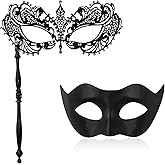 FunMular Couple Masquerade Mask with Stick Metal Masks Halloween Venetian Costume Mardi Gras Mask for Women & Men