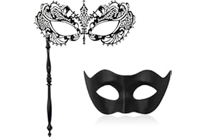 FunMular Couple Masquerade Mask with Stick Metal Masks Halloween Venetian Costume Mardi Gras Mask for Women & Men