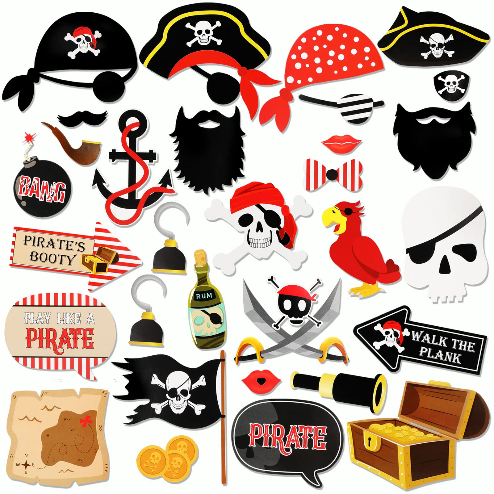 HOWAF 30 Pirate Photo Booth Props - Photo Props, Flag, Eye Patch, Sword, Hats & Accessories for Pirate Decorations