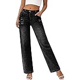 HVEPUO Mid/Low Waisted Ripped Jeans for Women Straight Leg Stretchy Jean Pants Baggy Distressed Fall Casual Denim Trousers