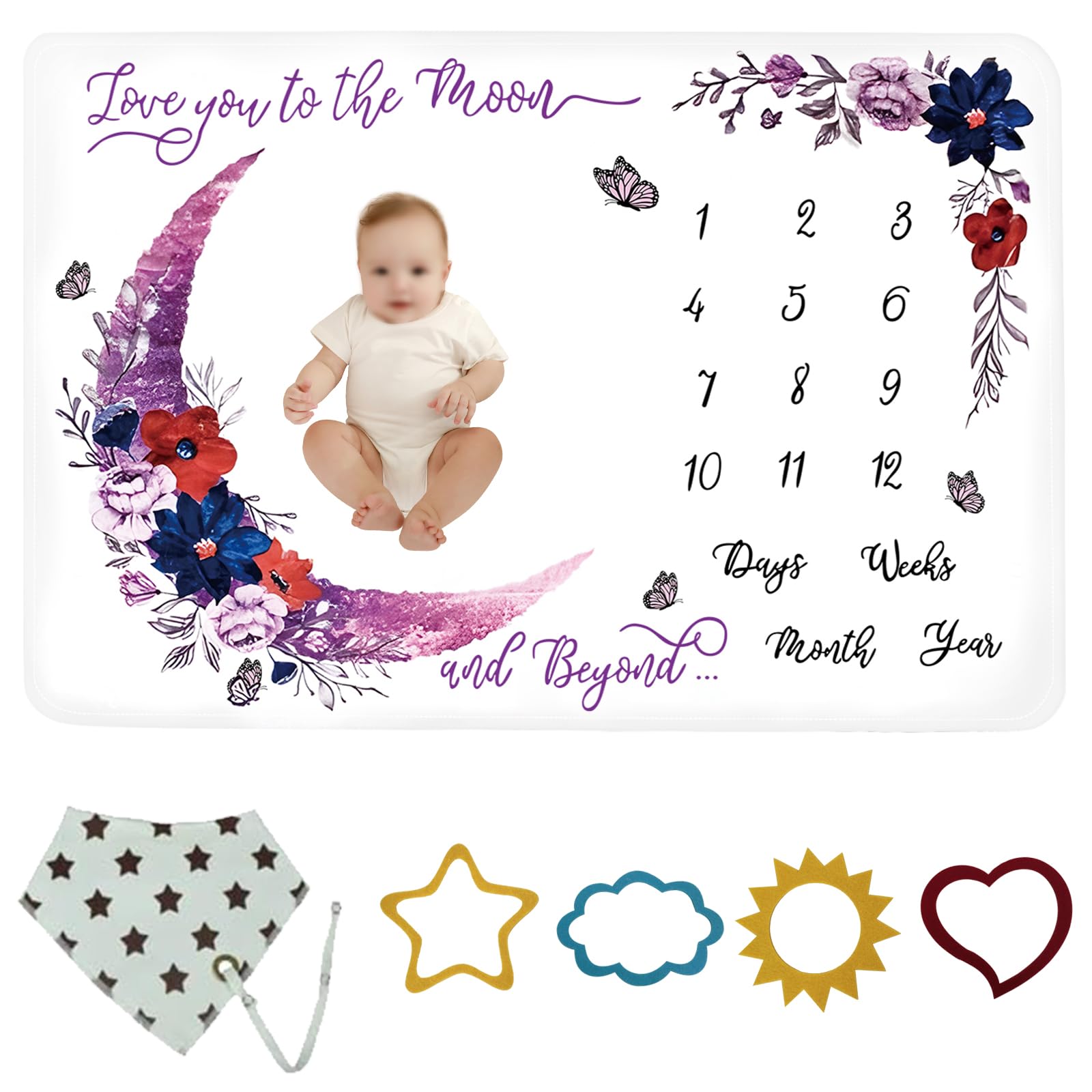 wocharm Baby Milestone Mat Blanket photo prop with floral numbers Newborn Boy Girl Gift(Purple Moon)