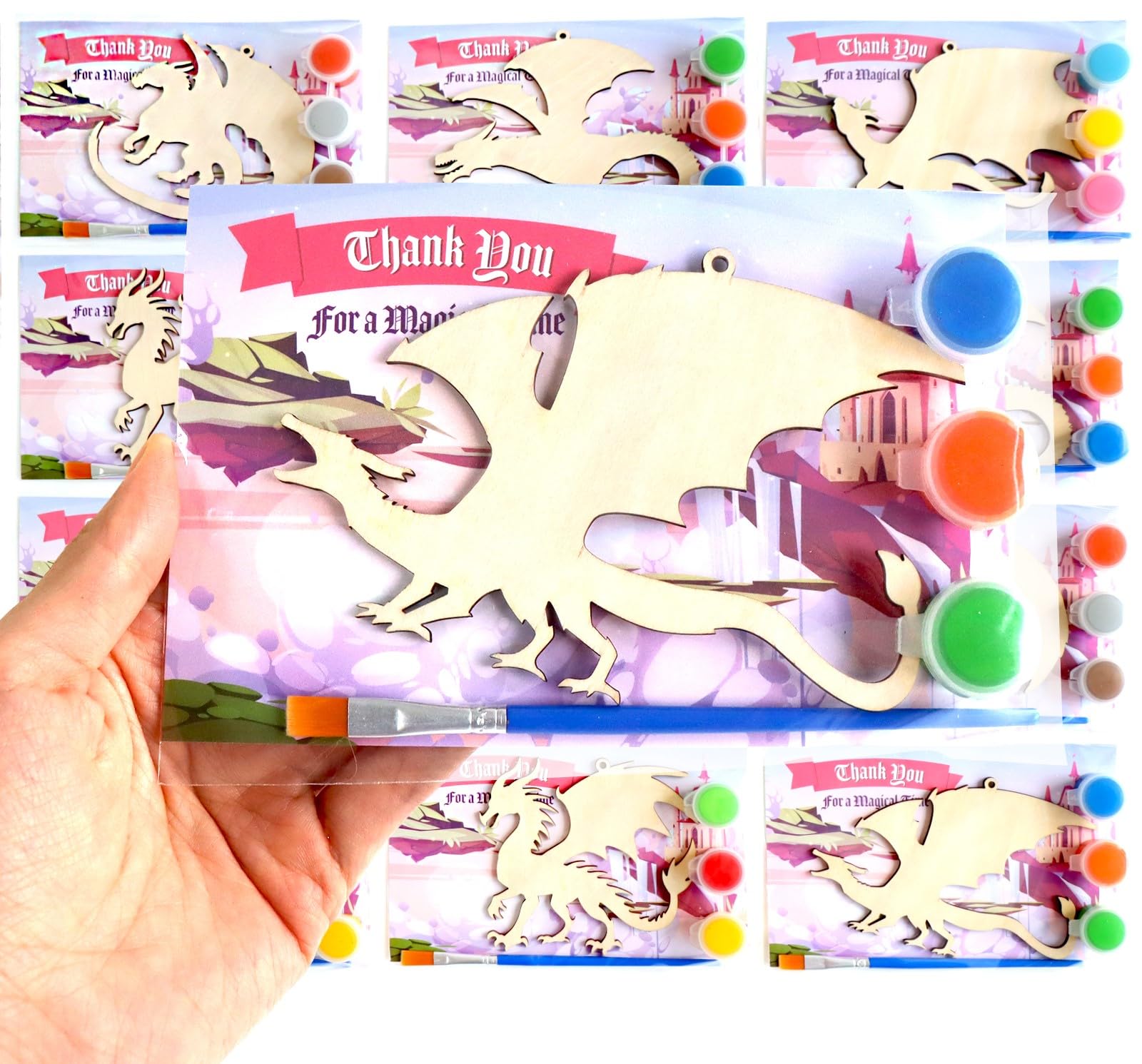 Photo 1 of 12 Pack Dragon Party favors for Kids – Individually Wrapped Paint-Your-Own Wooden Hanging Crafts with Paints, Brush & Magical Thank-You Cards, Perfect for Fantasy Parties & Classroom Activities