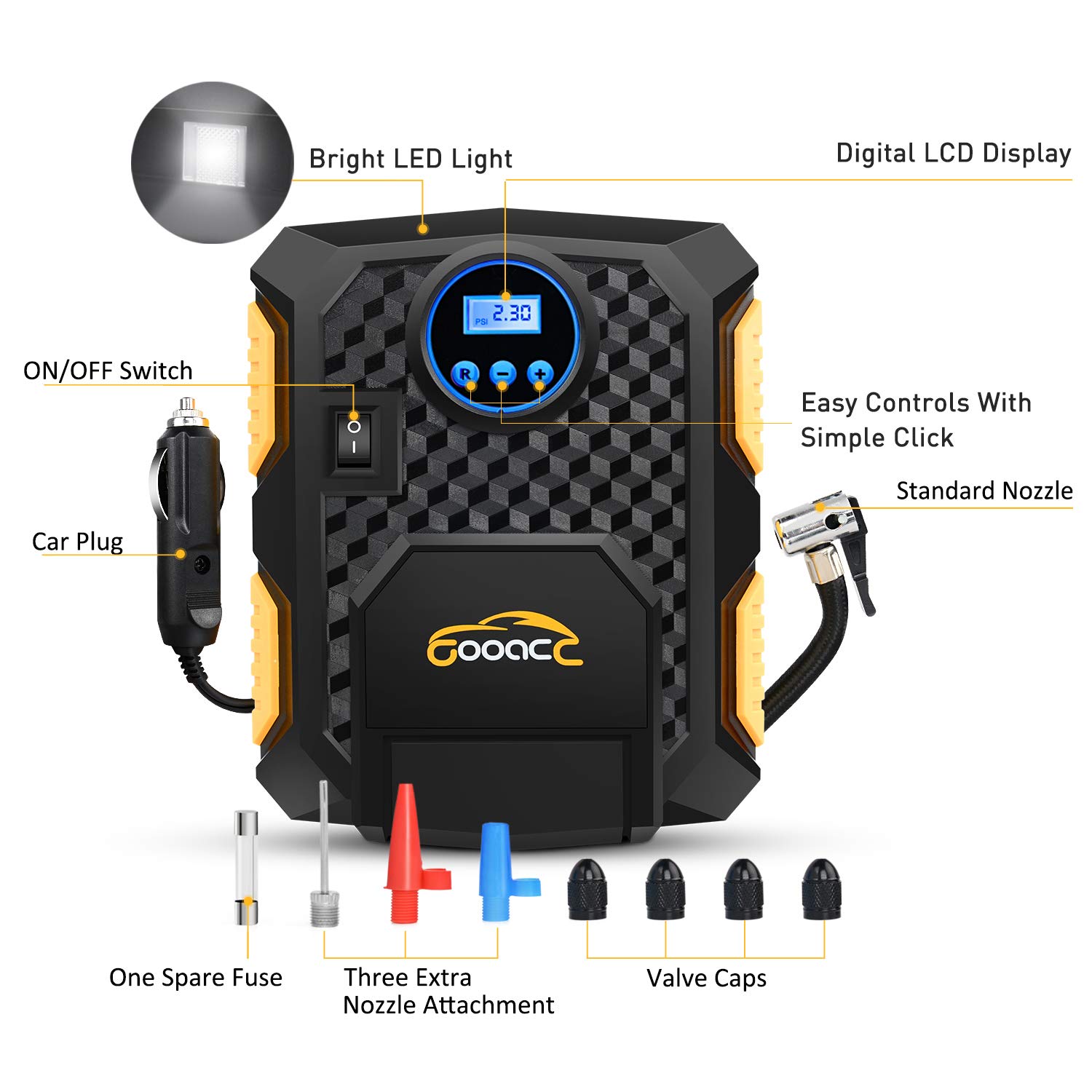 GOOACC 030102 12V DC 150Psi Portable Electric Auto Air Compressor Pump and Car Tire Inflator Pre-set Pressure Auto Shut Off