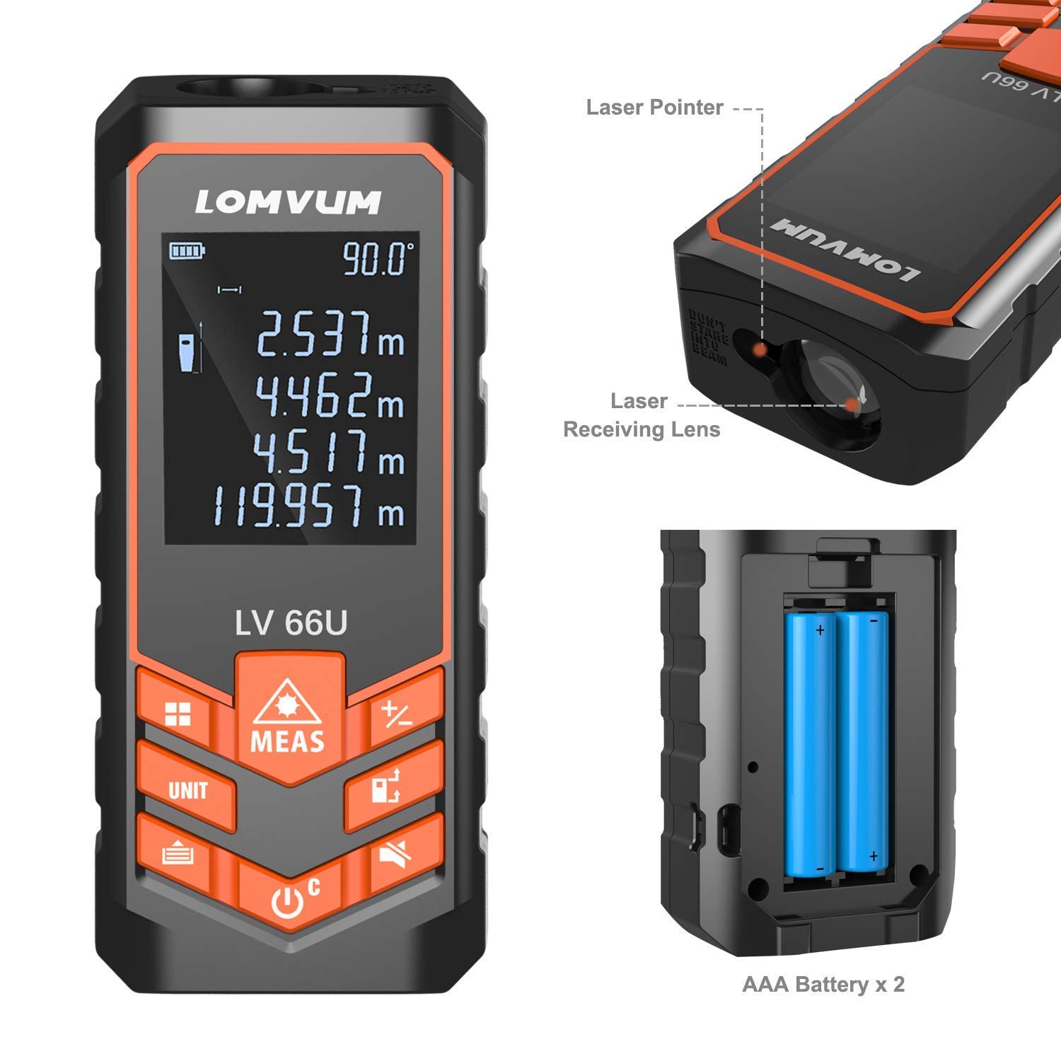 120m Laser Measure,LOMVUM 393ft Digital Laser Distance Meter with Mute Function Large LCD Backlight Display,Measure Distance,Area and Volume,Pythagorean Mode Battery Included