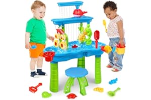 AOKESI Water Table for Toddlers 1-3,Outdoor Kids Water Play Table Rain Showers Splash Pond Sand, 3-Tier Sensory Activity Sand Table, Summer Beach Backyard Activities Water Toys for Toddlers Boys Girls