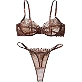 MakeMeChic Women's 2 Piece Lingerie Sets Floral Embroidery Mesh Sheer Bra and Panty Summer Set