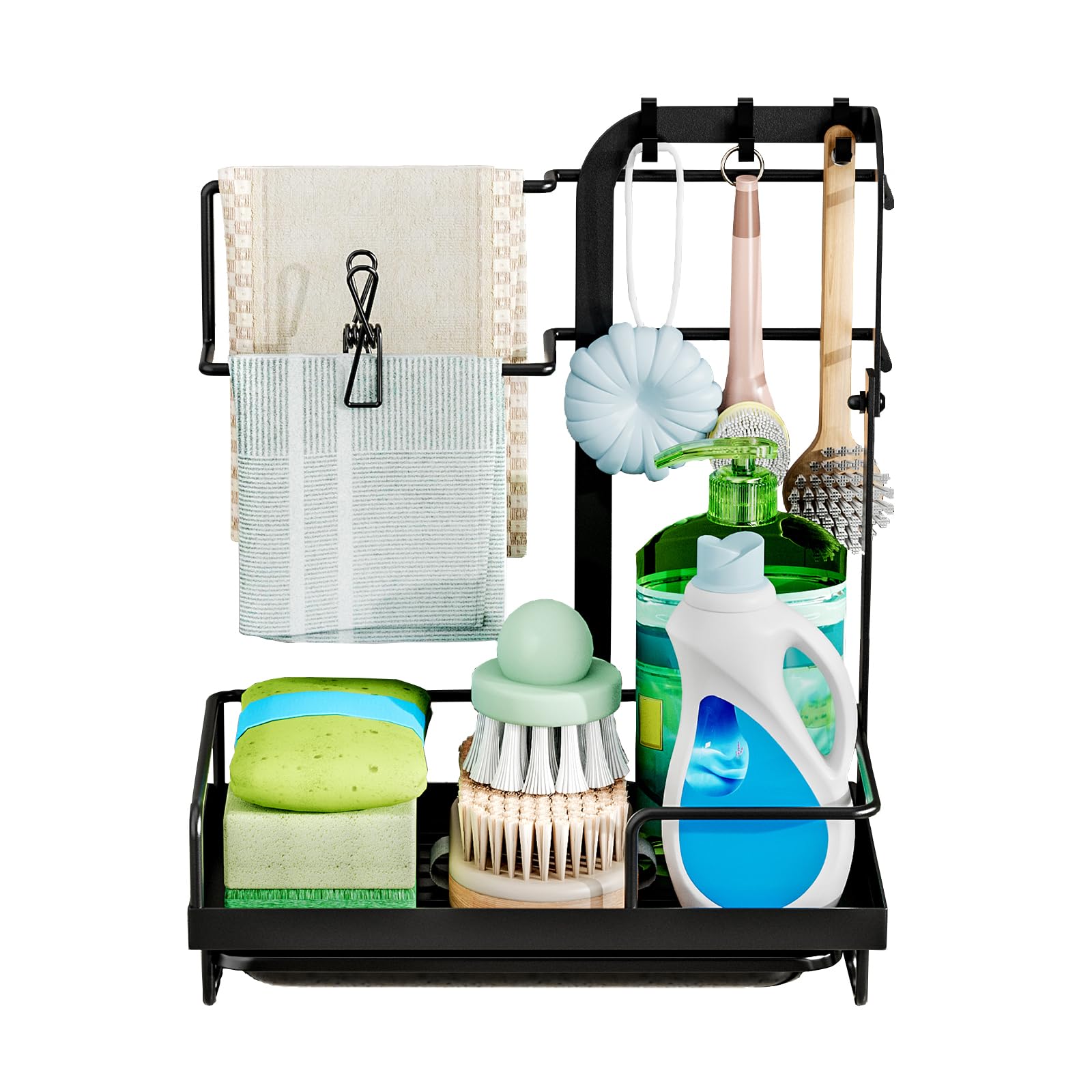 JOUING Sink Caddy Kitchen Sink Organiser Metal Sponge Holder with Removable Drain Tray Sink Tidy Countertop Kitchen Sink Washing up Organiser Black, Style-A