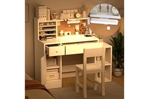 RUPOLX Wooden Pure White Kids Study Desk and Chair Set with Light, 2 Drawers and 4 Storage Cabinets, Children Desk with Hutch and Shelves, Girls Study Desk for Kids Bedroom-003