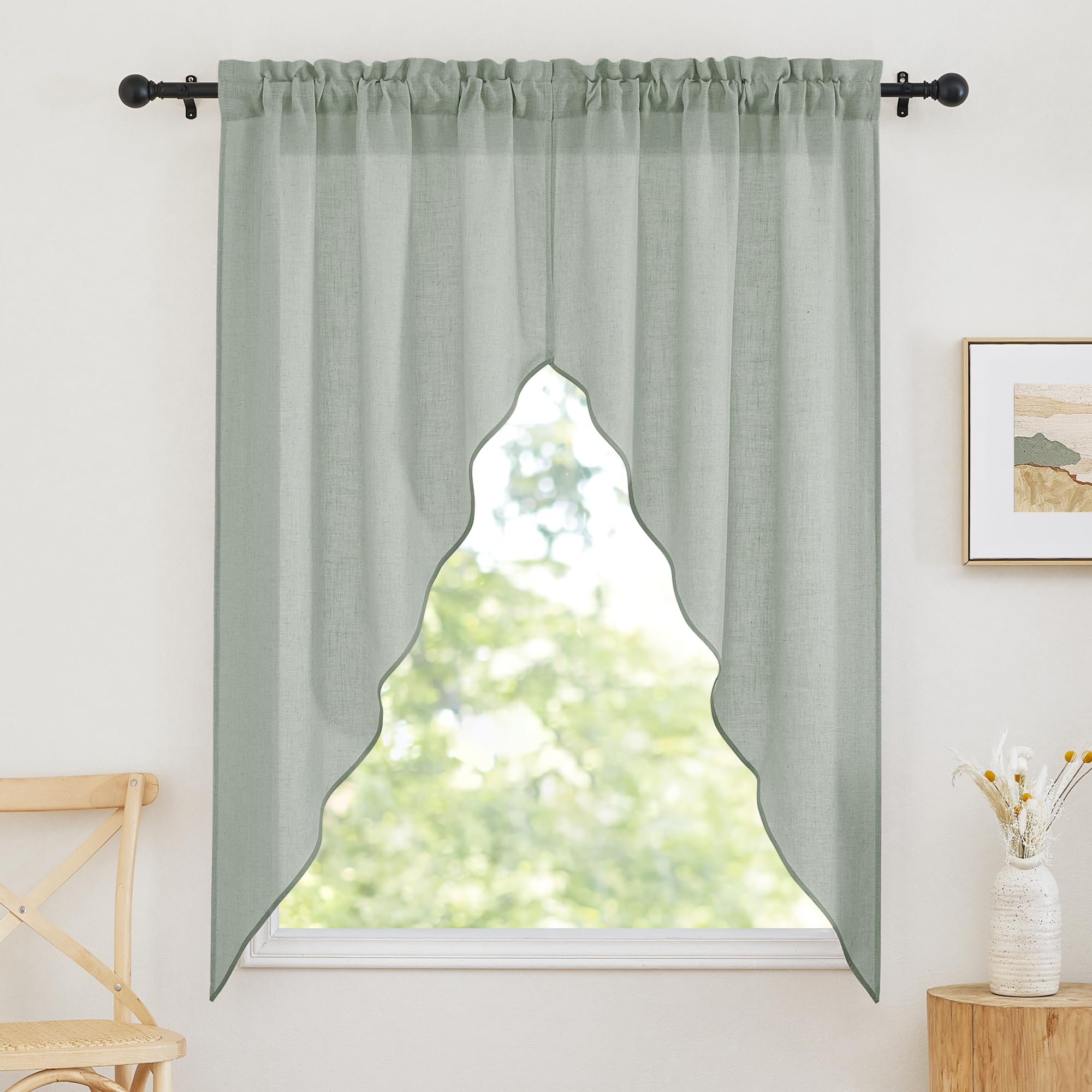 RYB HOME Window Topper Swag Valances - Flax Linen Curtains Half Privacy Protected Soften Sunlight Sheer Curtains for Kitchen, Living Room, Sage Green, Wide 36 x Long 63, 2 Pack