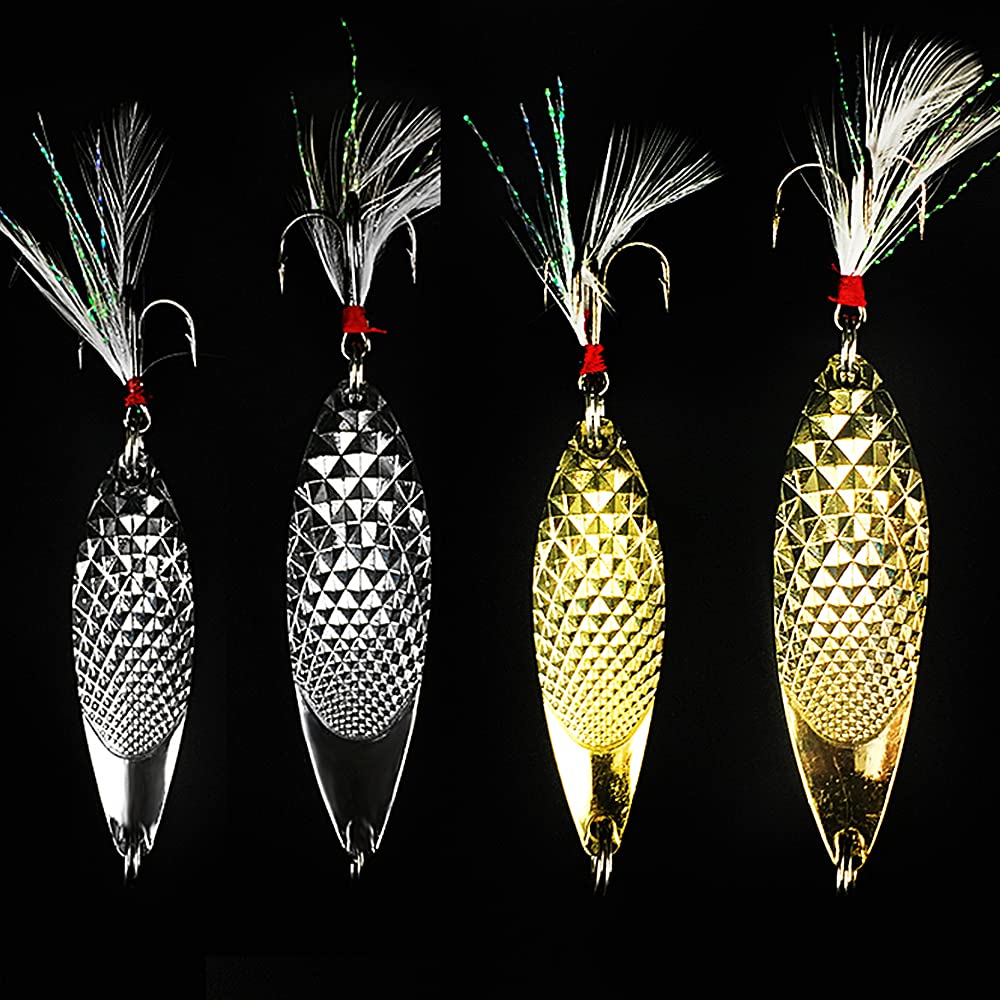 OriGlam Fishing Lures Metal Spoons, 4pcs Stainless Steel Hard Baits Jigs for Bass Walleyes Trout, 3D Realistic Design, Freshwater and Saltwater, Gold/Silver, 6.4cm/7.5cm