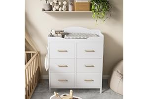 White Changing Table Dresser with 6 Fabric Drawers and Side Pockets, Nursery Dresser with Changing Top, Baby Dressers with Dr