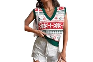 ASTANFY Christmas Sweater Vest Women Ugly Christmas Knit Sweaters Santa Snowflake V Neck Vests Xmas Holiday Sleeveless Tank Top