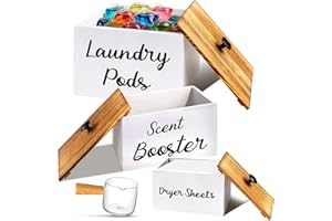 Wood Laundry Storage Boxes Set with Lids and Glass Measuring Cup, 3 Sizes Wooden Laundry Organizer for Pods Dryer Sheets and 