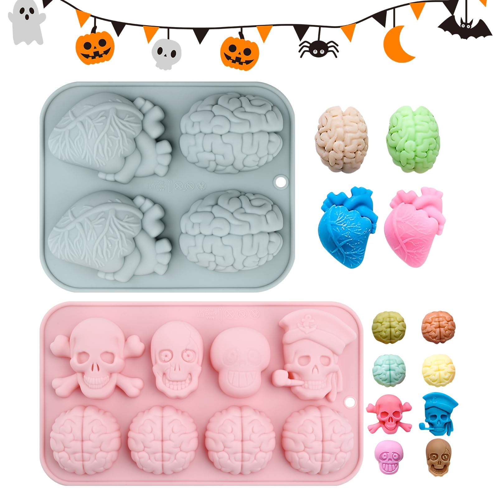 Photo 1 of 3D Brain and Heart Chocolate Mold,Skeleton Pirate Human Brain Mold,2 Pack Halloween Organ Shape Silicone Molds for Chocolate Pudding Dessert Jelly Handmade Soap Candle for Halloween Party Props