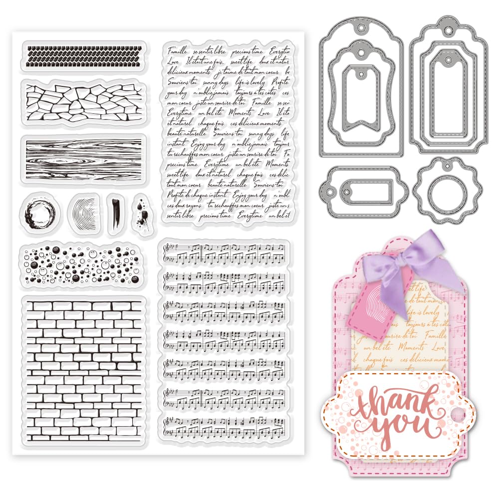 INFUNLY 2pcs Marble Texture Clear Stamps and Dies for Card Making Music Note Silicone Stamp Vintage Label Die Cutters Wall Background Clear Stamps Frame Die Cut for Scrapbooking Album DIY Crafts