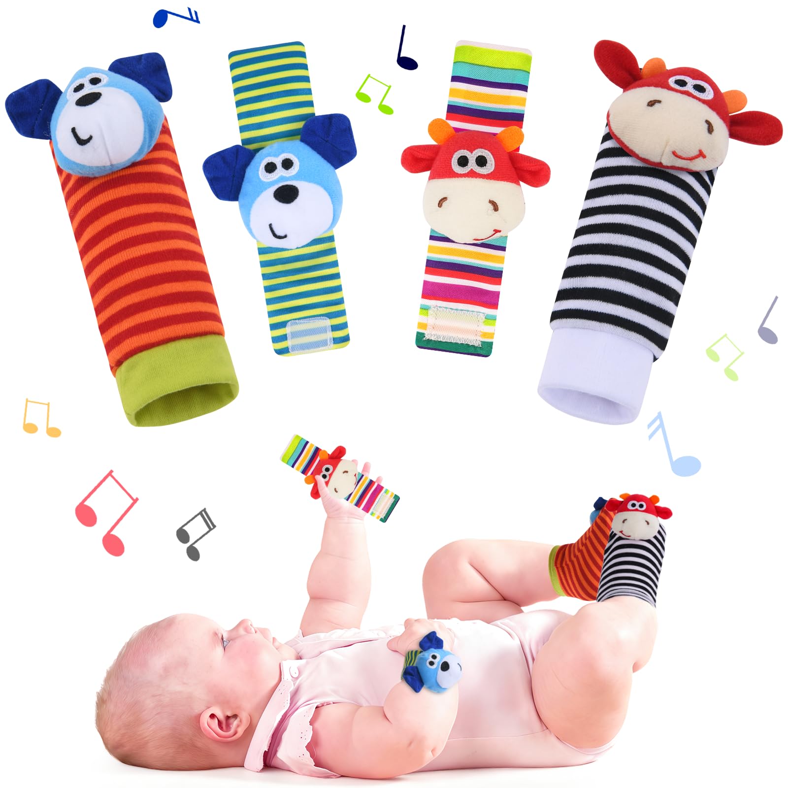 Vicloon Baby Rattle Socks Wrist Strap Rattles Set, 4pcs Baby Wrist Rattles Toys, Foot Finders & Wrist Rattles for Infants, Baby Rattle Toy Animal Wrist Rattle Soft Bell Gift for 0-6 Month (Calf