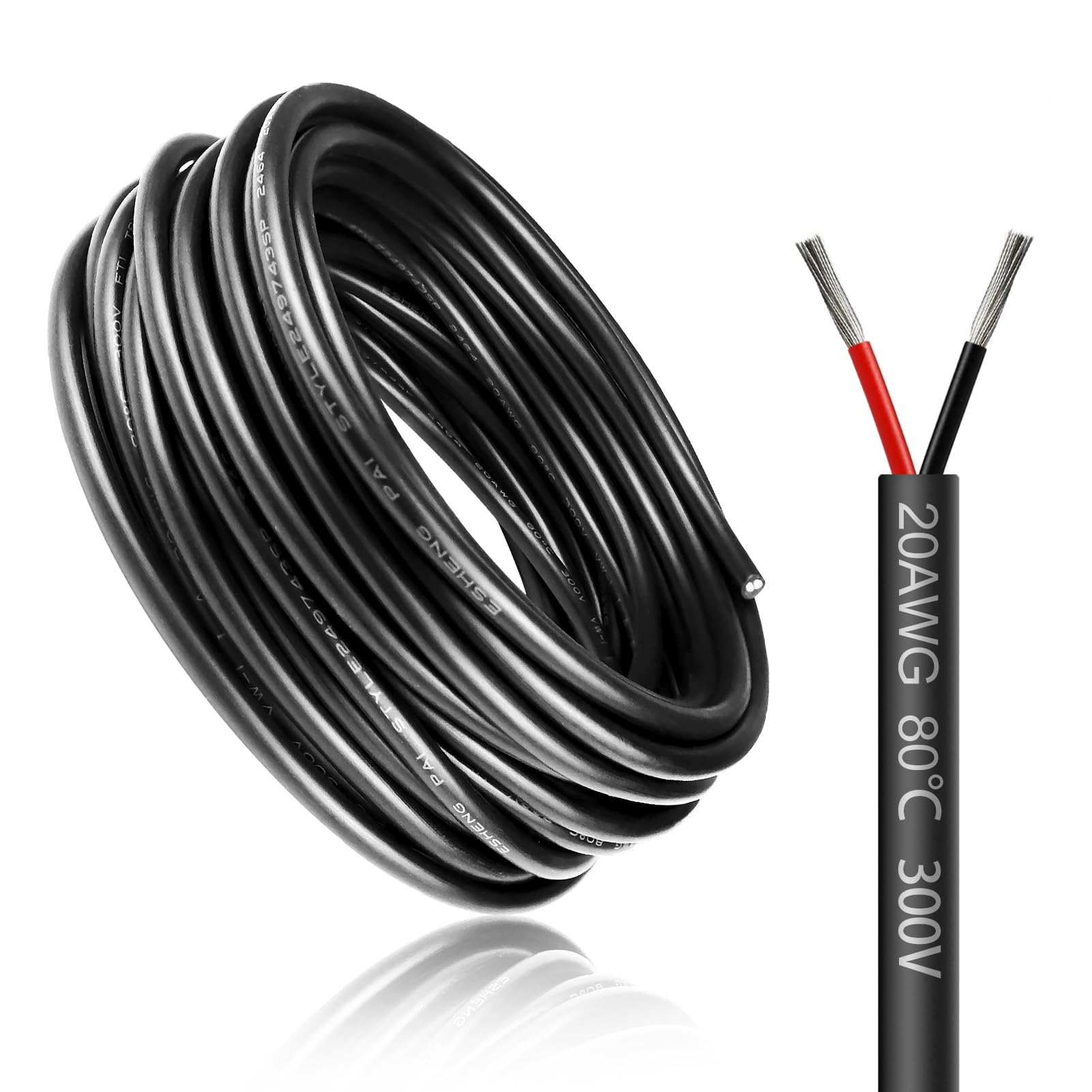 LightingWill 32.8FT/5M 20AWG 2x0.5mm² Electrical Wire 2 Core Cable, 20 Gauge 5V/12V/24V/240V/300V Low Voltage Extension Tinned Copper Wires, Flexible Cable High Temperature Resistant