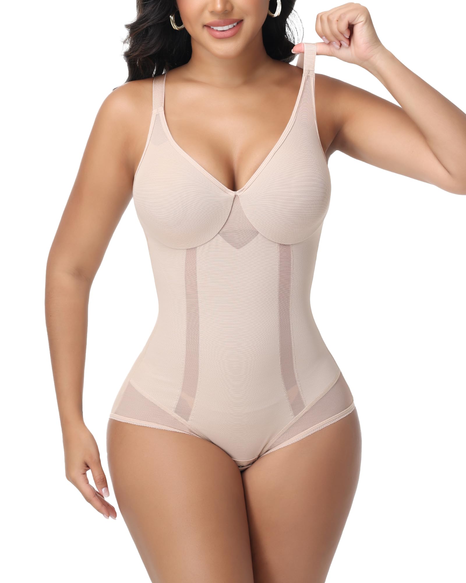 Photo 1 of SHAPESHE Shapewear Bodysuit with Underwire for Women Deep V Neck Faja Body Shaper Mesh Slimming Bodysuit Low Back Tummy Control Seamless Shapewear - Size M