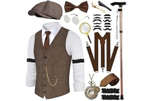 VillbeCoser 1920s Mens Costume Roaring 20s Costumes Accessories Set 1920s Vest Suspenders Hat Pocket Watch Tie