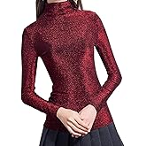 Women's Slim Fit Long Sleeve Sequin Turtleneck Sparkle Tee Glitter Blouse Tops