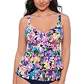 Swim Solutions Garden Swan Triple-Tiered Tankini Top, Navy Floral Print, Size 16
