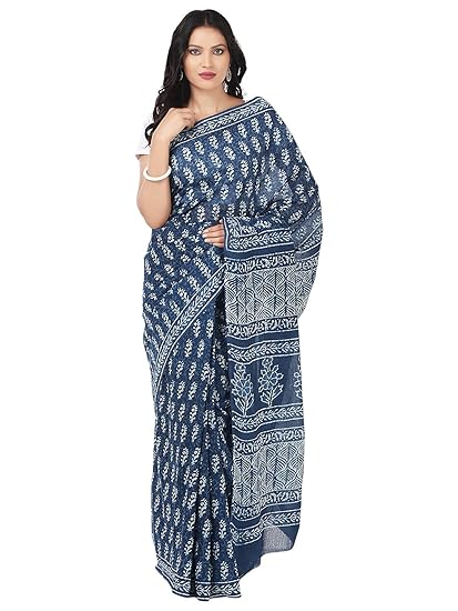 Finest Quality Cotton - Handmade Indigo Double Dabu print - Block Print Saree with Blouse Piece