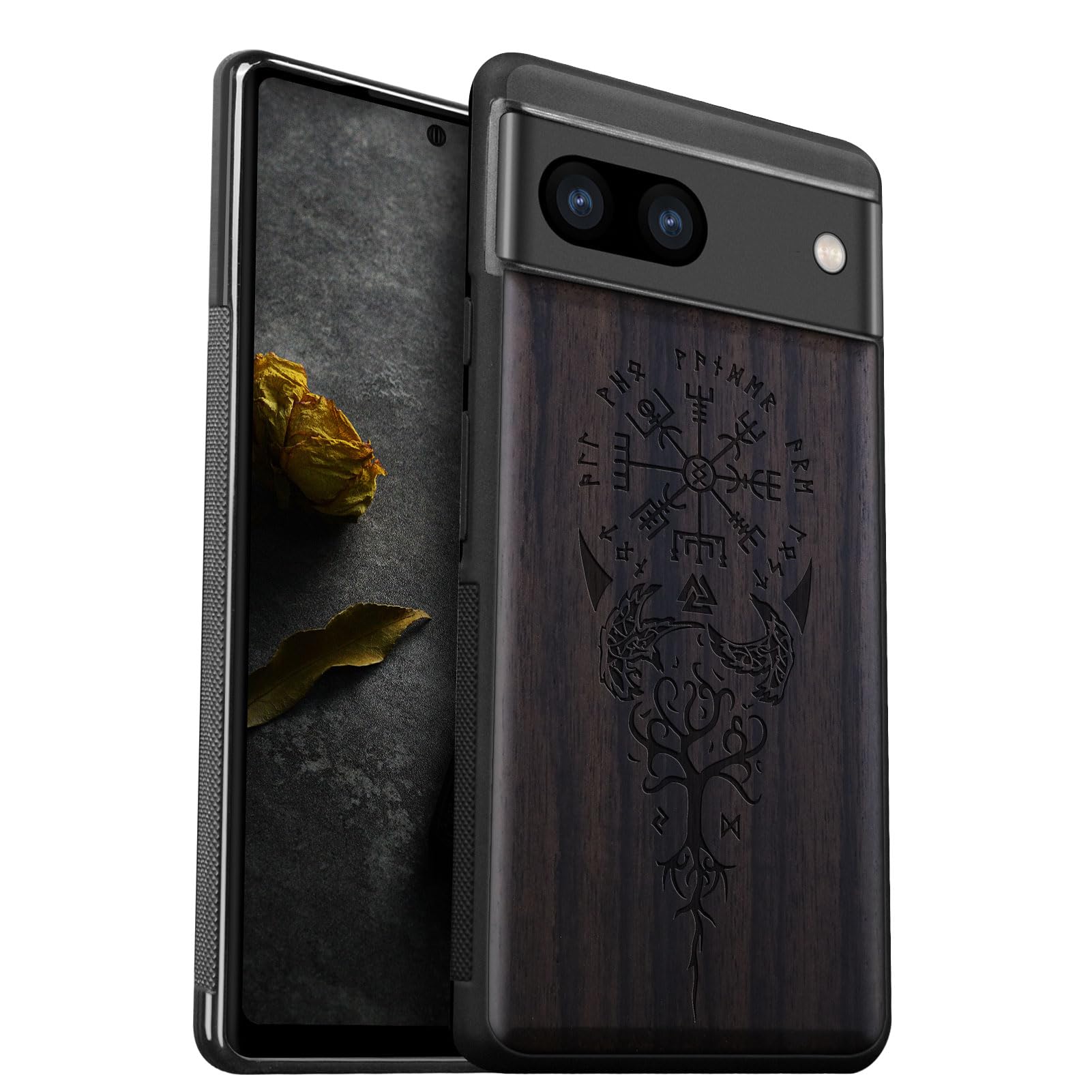 Carveit Wood Case for Pixel 8a [Natural Wood & Black Soft TPU] Shockproof Protective Cover Unique Wooden Compatible with Google Pixel 8a (Viking Compass Vegvisir-Blackwood)