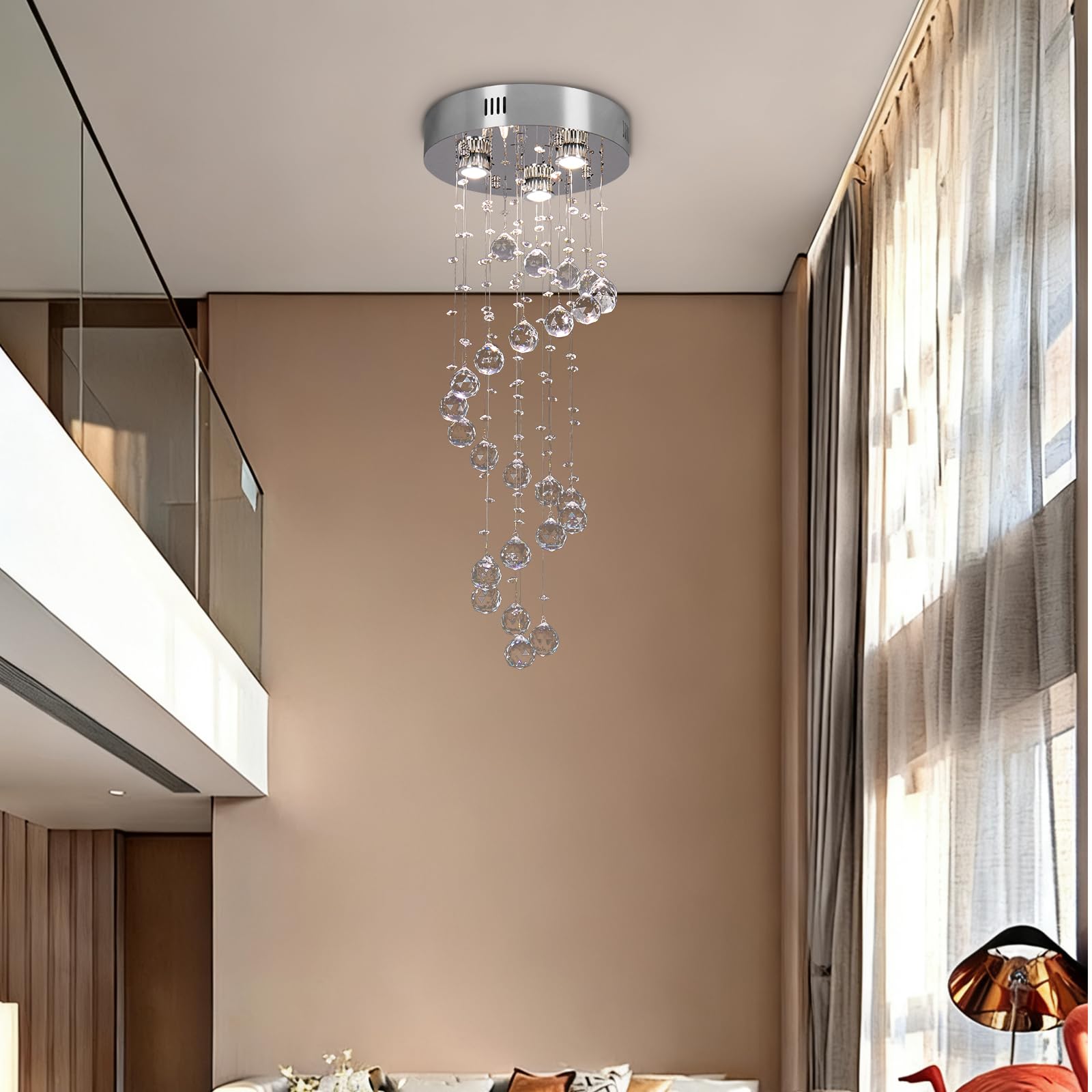 Spiral Flush Mount Ceiling Light Modern Raindrop Crystal Pendant Light for High Ceilings K9 Crystal Ball Chandeliers for Dining Room Bedroom Stair D11.8 H35.4
