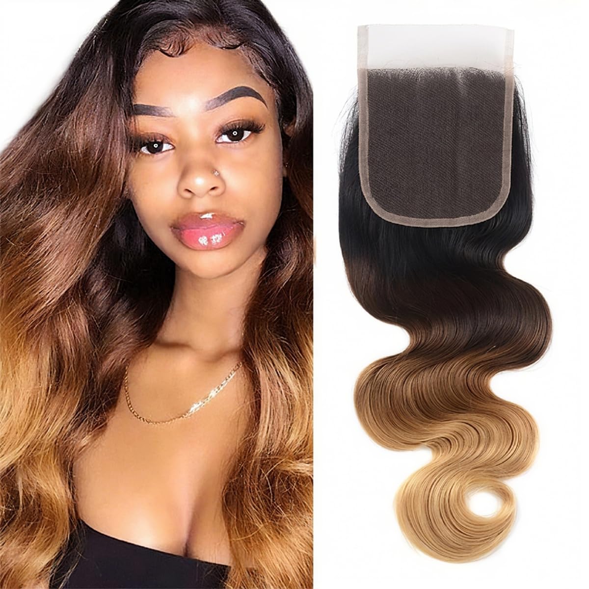 4X4 Swiss Lace Closure With Natural Hairline 20 Inch 1B/4/27 Highlight Honey Blonde Ombre Human Hair Lace Closures With Baby-Hair Soft Remy Brazilian Human Hair