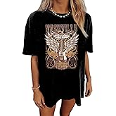 Women's Oversized Shirts Western Cowboy Shirts Vintage Graphic Tops Nashville Music Tees Retro Steer Skull Shirt
