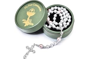Merroyal First Communion Rosary with Glass Pearl Beads, Ornate Crucifix and Chalice Centerpiece, 18.5 Inches, Gift Box and Satin Bag Included