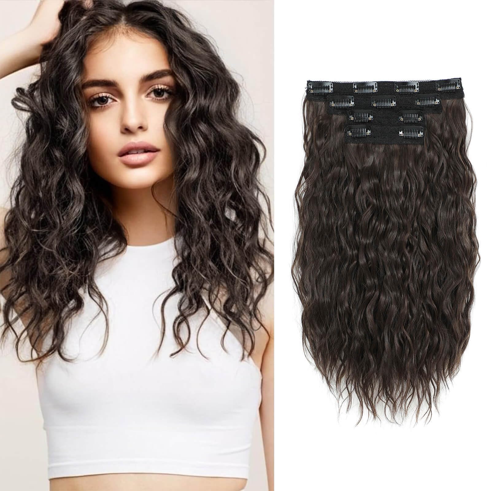 Flyroseing Chocolate Brown Hair Extensions,4PCS 14" Short Curly Hair Extensions Clip in Seamless Lace Weft Natural Soft Mermaid Waves Hairpieces for Women