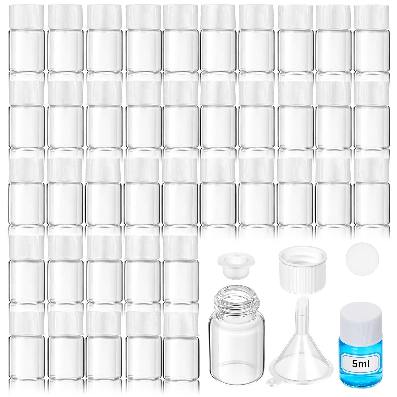 Photo 1 of Reallnaive 40 Pcs 5ml Clear Glass Vial Sealed Sample Bottles with White Screw Cap and Inner Plug Marker Stickers Funnel Foam Gasket Leak-Proof Liquid Storage Small Lab Sample Vials