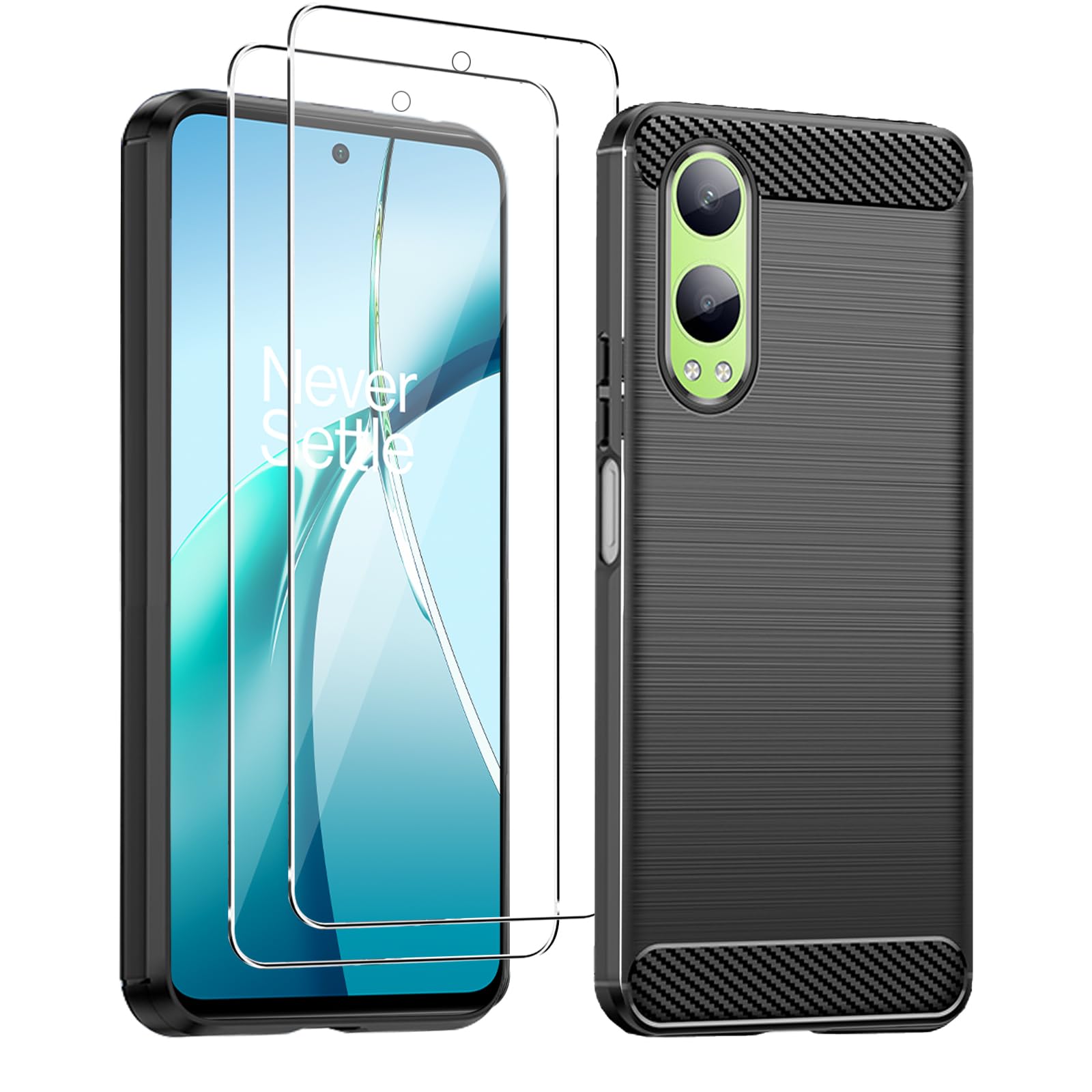KZIOACSH Case for OnePlus Nord CE4 Lite 5G, Full Protection Anti-Scratch Soft TPU Case [Carbon Fiber Texture] Ultra Thin Shockproof Anti-Drop Rugged Bumper Cover with 2 Tempered Glass Black