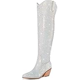 RONILURN Women Rhinestone Over the Knee Cowboy Boots, Sparkly Bling Cowgirl Boots Western Thigh High Boots Pull-On Side Zippers Chunky Heel Pointed Toe Size5-12 For Fashion&Daily