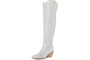 RONILURN Women Rhinestone Over the Knee Cowboy Boots, Sparkly Bling Cowgirl Boots Western Thigh High Boots Pull-On Side Zippers Chunky Heel Pointed Toe Size5-12 For Fashion&Daily