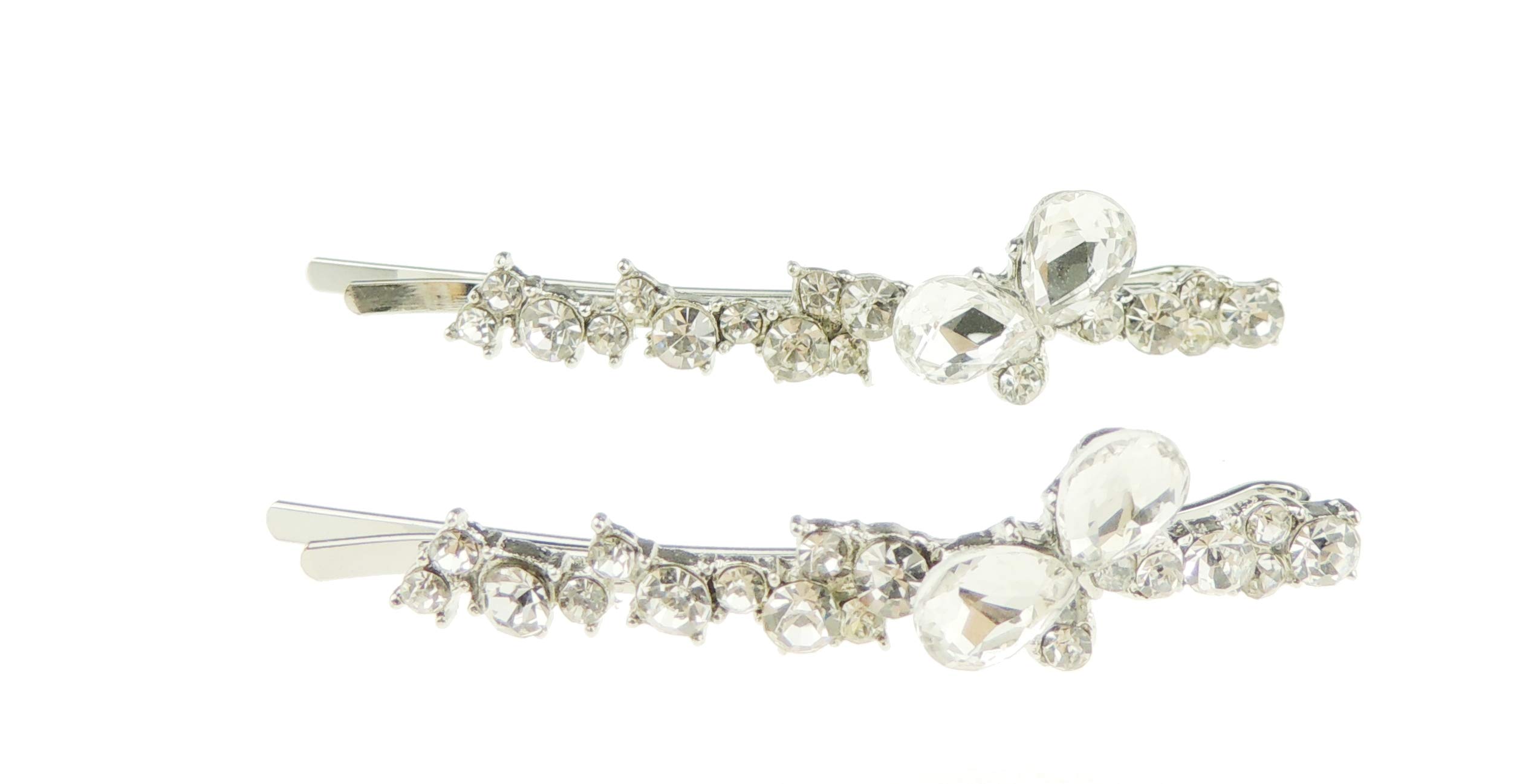 Womens Girls Sparkly Rhinestone Jeweled Crystal Diamante Party Birthday Christmas Bridal Wedding Accessories Slides Hairpin Hair Clips Grips Bobby Pins Set of 2 Silver Tone Hair Grips Butterfly Clear