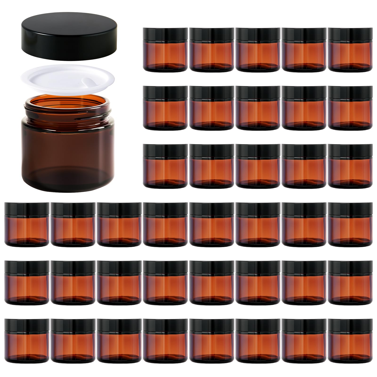 Photo 1 of 2oz Jars with Lids, HOA Kinh 40 Pack Amber Glass Jars with Lids Empty Cosmetic Containers Round Airtight Glass Jar with Black Lid for Storing Lotions Powders Ointments