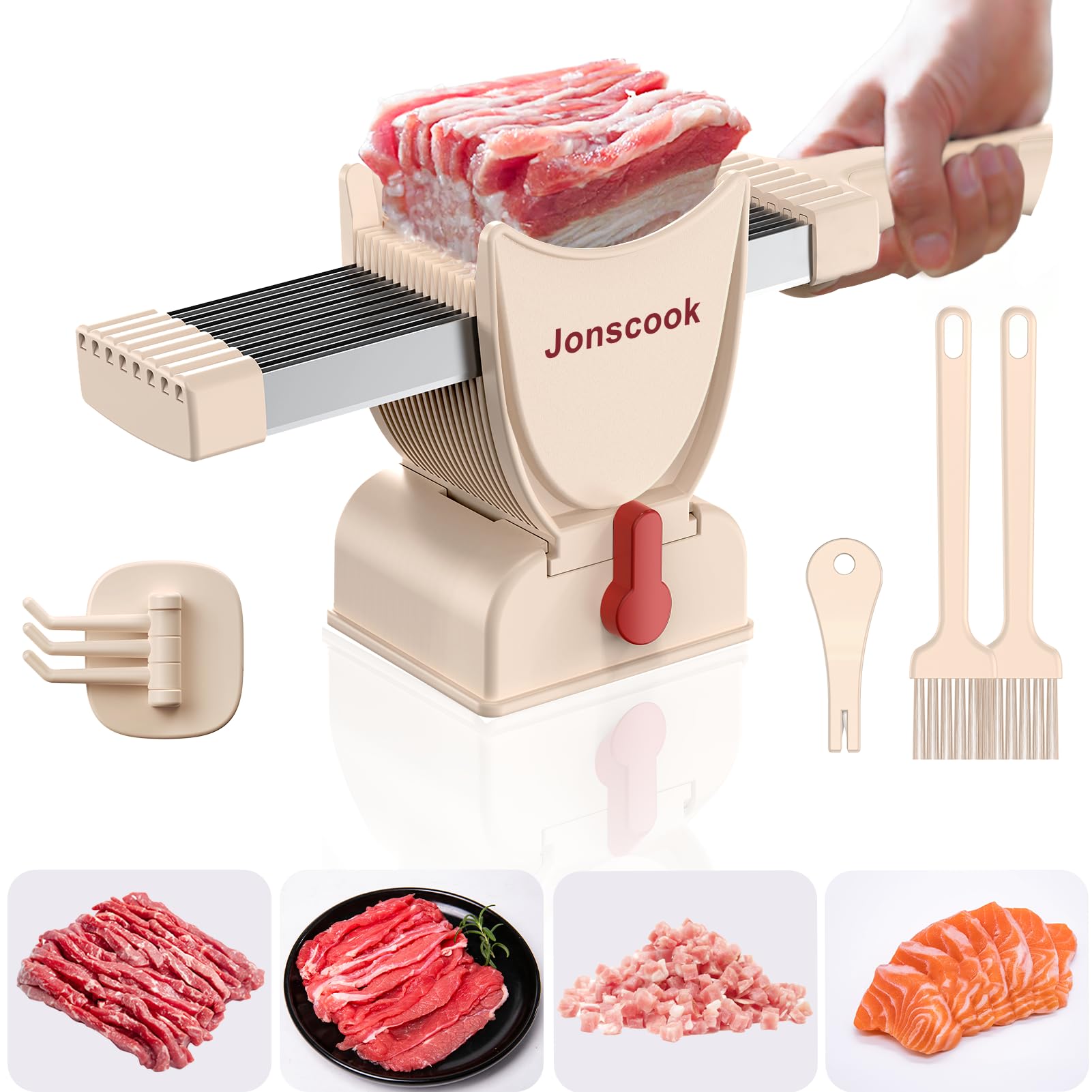 Photo 1 of Fresh Meat Slicer, Manual Fresh Meat Cutter, Meal Prep Ideas, Adjustable Thickness 2mm or 4mm, 17 Blades get 18 Meat Slices, Meat Cleavers can be Sliced, Striped, Diced -Pink