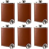 Suwimut 6 Pack Hip Flask for Liquor for Men Women, 8 oz Leak Proof Stainless Steel Pocket Hip Flask with Brown Leather Cover and Funnel for Drinking of Alcohol, Whiskey, Rum and Vodka
