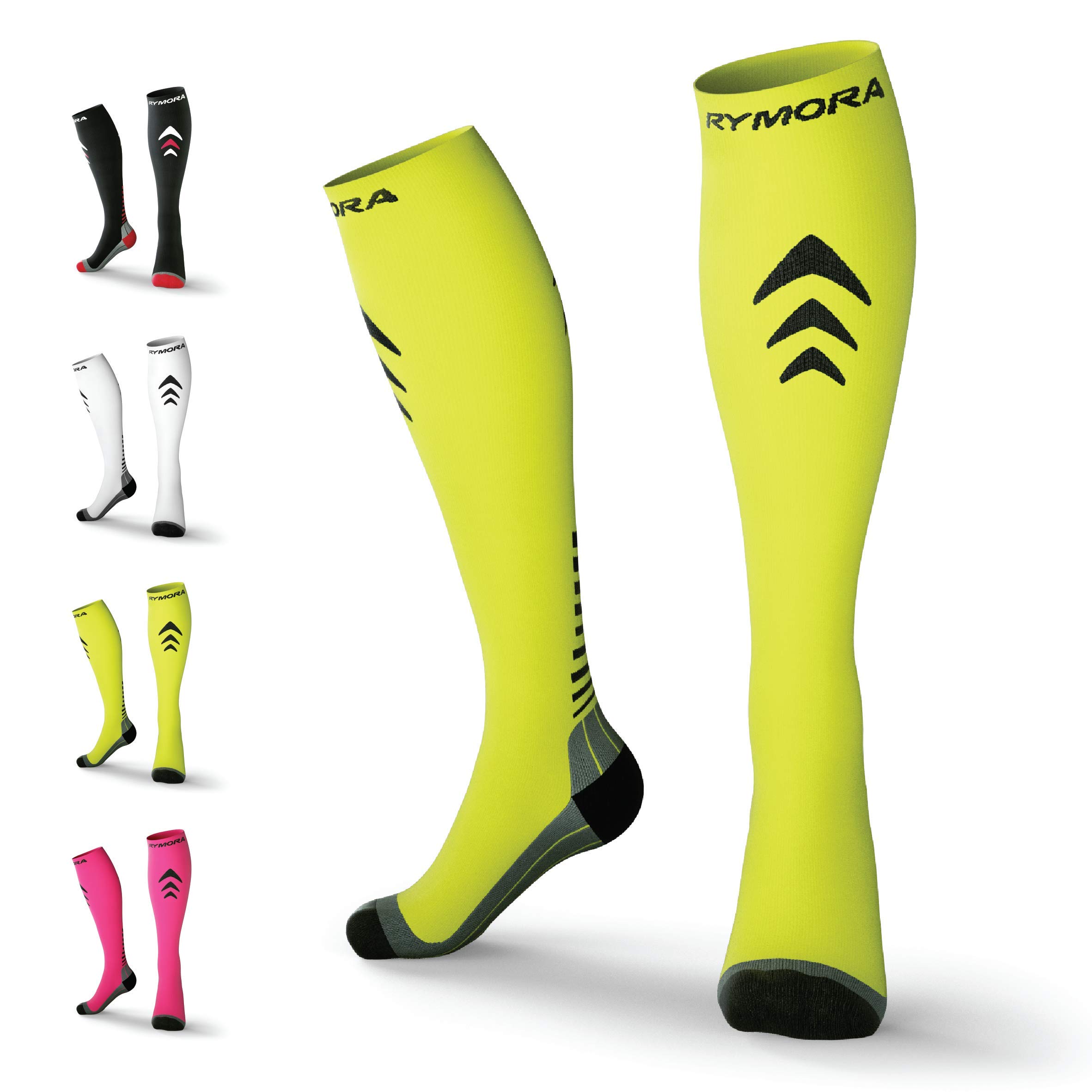 Rymora Compression Socks for Women and Men - for Running, Sports, Work & More (One Pair) (Cushioned) (Neon Yellow) (Large: UK 10.5-13 / EU 45-47) [L]