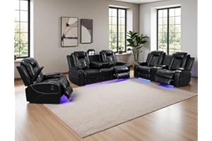 Anthato Black Leather Power Recliner Set with LED Lights, 3-Piece Recliner Sofa Loveseat Chair with Coffee Table/Storage/Charging Port, Modern Reclining Furniture for Living Room/Home Theater/Office