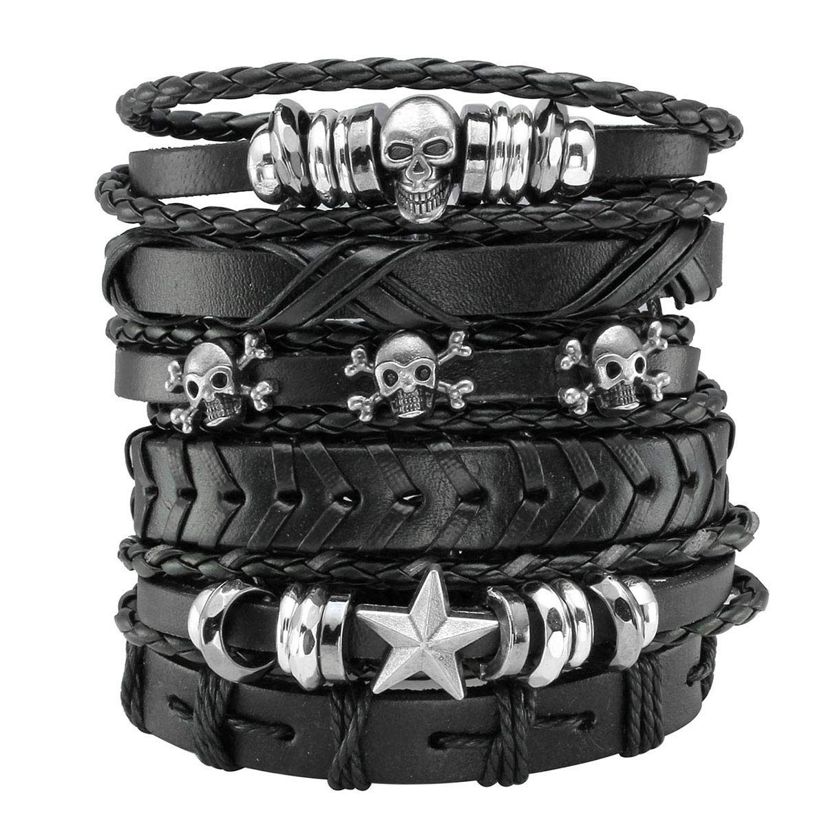 Manfnee 6Pcs Leather Braided Bracelet Punk Skull Cuff Wrap Wristband Bracelets for Men Women