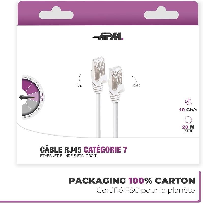 Câble Ethernet Cat 7, 20M, RJ45 Réseau 10Gbps 600MHz, Blindé S/FTP, Cordon Internet Très Haut Débit, Compatible avec PC Modem Routeur TV Box Xbox Switch PS5 PS4 Gaming, 560359