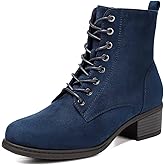 VJH confort Women's Fashion Ankle Boots Low Heels Chunky Lace-up Combat Bootie with Side Zipper (NAVY BLUE,8.5)