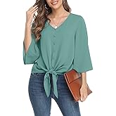VIISHOW Women's Button V Neck Chiffon Tops 3/4 Bell Sleeve Tie Knot Casual Blouses Loose Summer Shirts