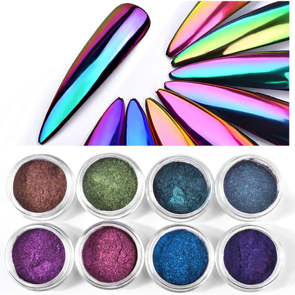 Sixpi 8 Boxes Pearl Powder Nail Mirror Effect Rainbow Powder Nails Art Glitter Chrome Metallic Manicure Pigment