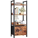 Furologee 4 Tier Bookshelf with Drawer, Tall Bookcase with Shelves, Narrow Bookshelves Storage Organizer, Wood and Metal Disp