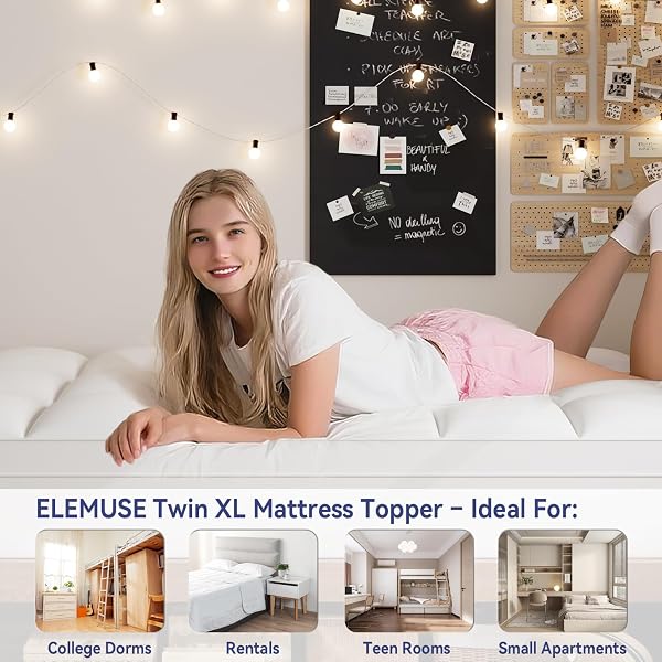 ELEMUSE TWIN XL MATTRESS TOPPER FOR COLLEGE DORM ROOM ESSENTIALS, THICK EXTRA LONG TWIN MATTRESS PAD FOR BACK PAIN RELIEF, PLUSH PILLOWTOP WITH ELASTIC DEEP POCKET, OVERFILLED DOWN ALTERNATIVE FILLING